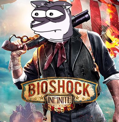 Cover art of Bioshock Infinite with an upset raccoon face superimposed over it