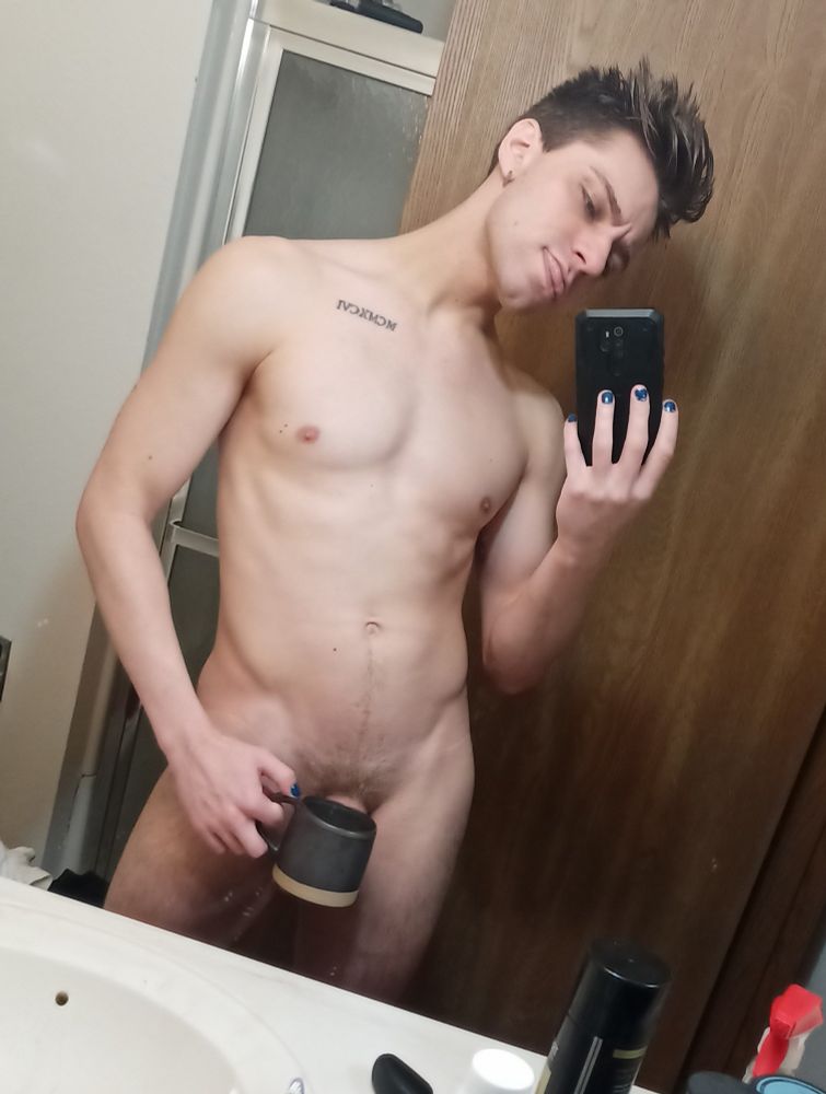 Twunk in mirror with coffee mug