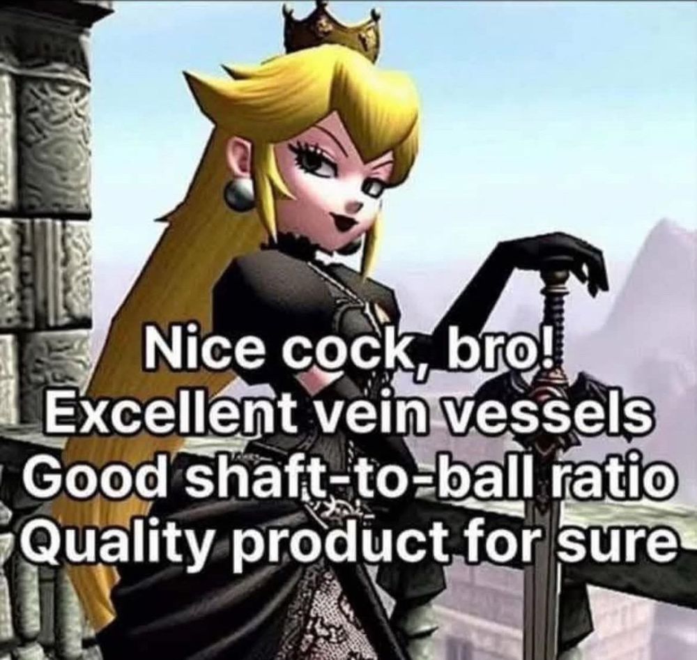 Princess Peach and she says “Nice cock, bro! Excellent vein vessels Good shaft-to-ball ratio Quality product for sure” and also she served cunt more than normal 