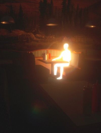 Man at the diner and he is glowing boots 