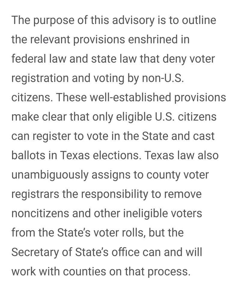 The screenshot explains that non citizens cannot vote in Texas. 