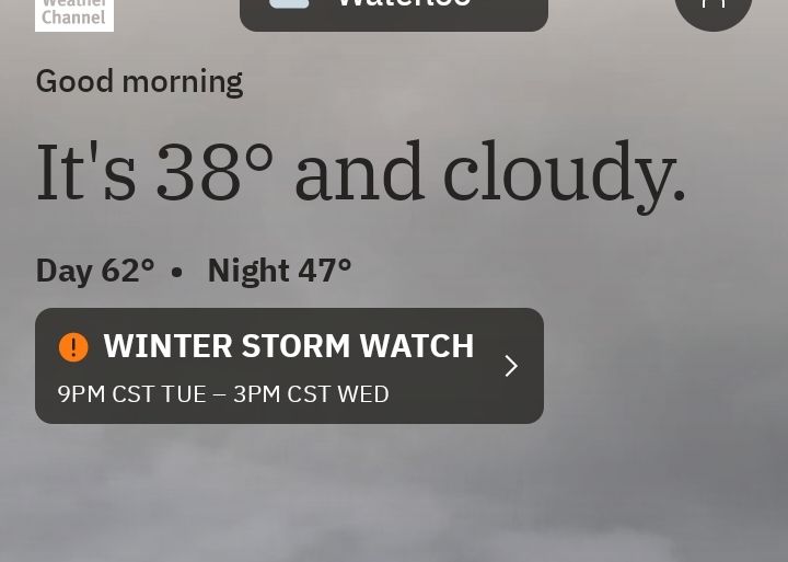 Screen shot showing high temps today of 62 and a Winter Storm Watch for tomorrow. 
