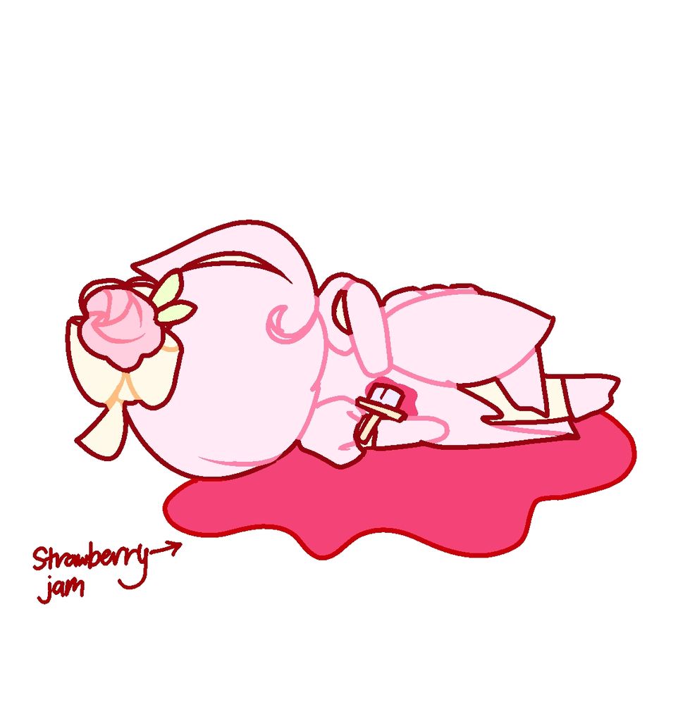 Wedding Cake Cookie (a character in a light pink dress, short pink hair and a flower accessory in her hair), stabbed with strawberry jam leaking out of her. She's doing the Peter Griffin pose.