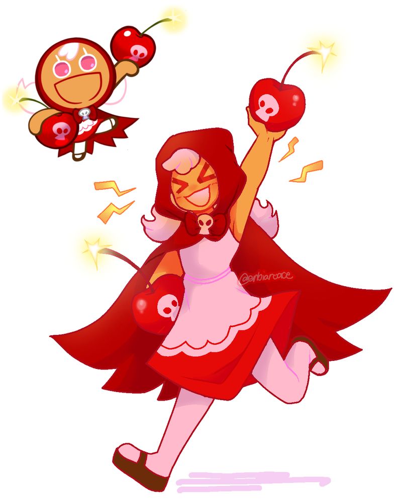 A cookie in red and white clothes, similar to little red riding hood, holding cherry bombs drawn as a human. Her original cookie version is in the corner for reference.