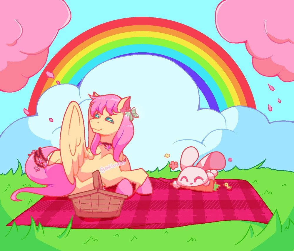 A yellow horse with wings and pink mane + tail, similar appearance to Fluttershy from MLP, she sits in a picnic blanket with a basket in front of her, and next to her are a rabbit eating a carrot and a tiny duckling. 

In the background are cherry trees with leaves falling and a big rainbow behind the clouds. 