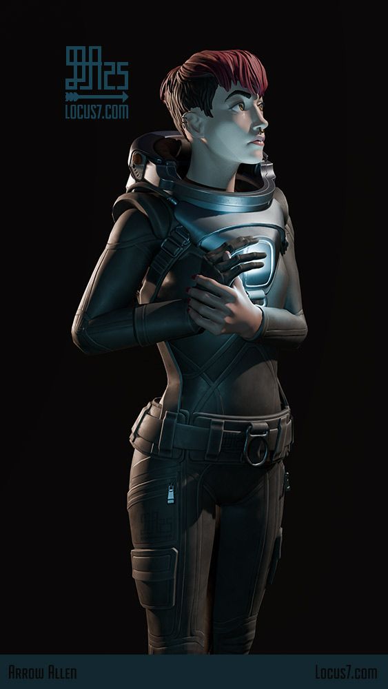 A render of a sci-fi character wearing a form-fitting vacuum suit. They're handling their gloved hand with their bare hand while looking off into the distance.