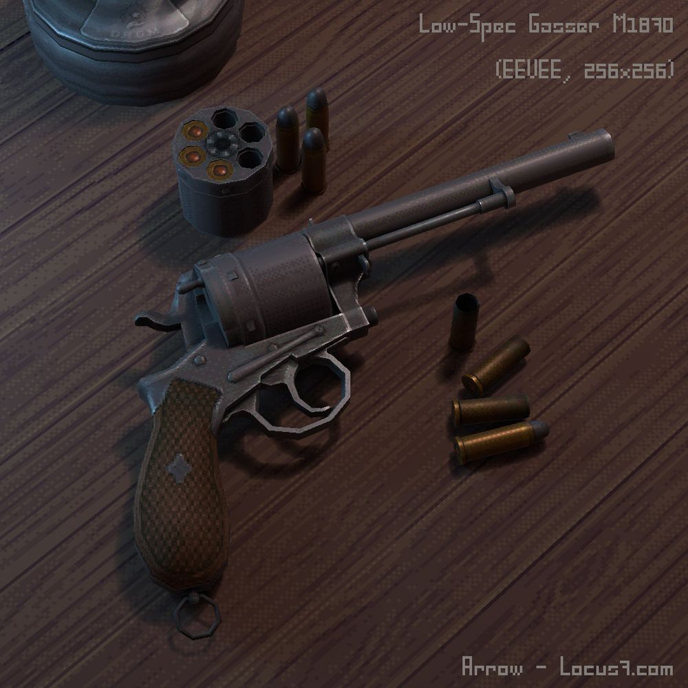 A low-poly revolver, sitting on a wooden surface. It is surrounded by cartridges, some fired, some unfired, as well as a partially-loaded cylinder. The base of a lantern is visible at the top of the picture.