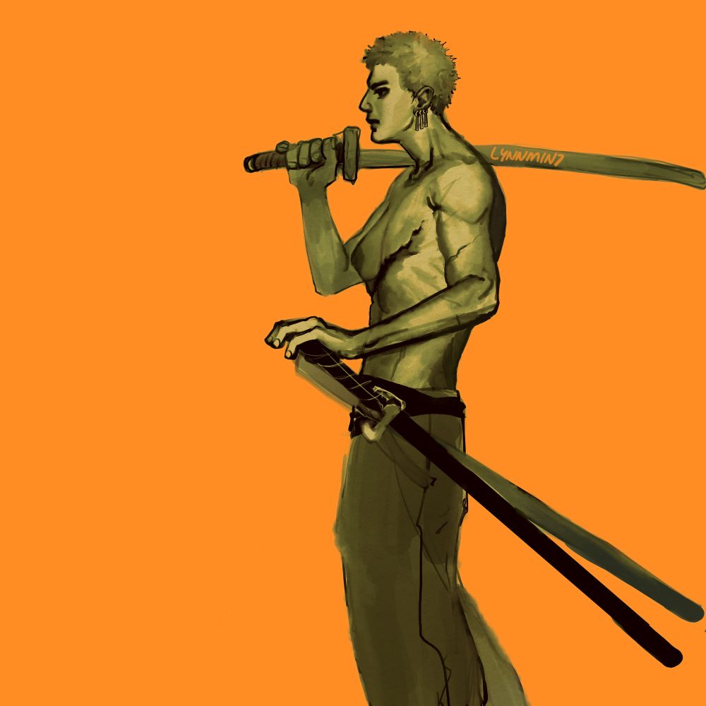 transmasc Zoro Roronoa from One Piece standing in profile; the scar that bisects his chest is gnarled tissue that removed his left breast