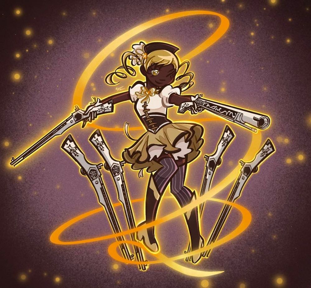 Drawing of Mami Tomoe from Puella Magi Madoka Magica. She is depicted with dark skin. She is glowing against a dark background with gold specks all around her.