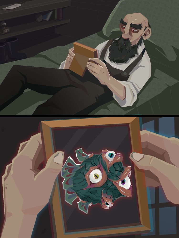 The fisherman lays on a bed looking at a photo of the Glaring Sunfish