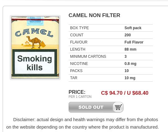 Camel cigarette price listing