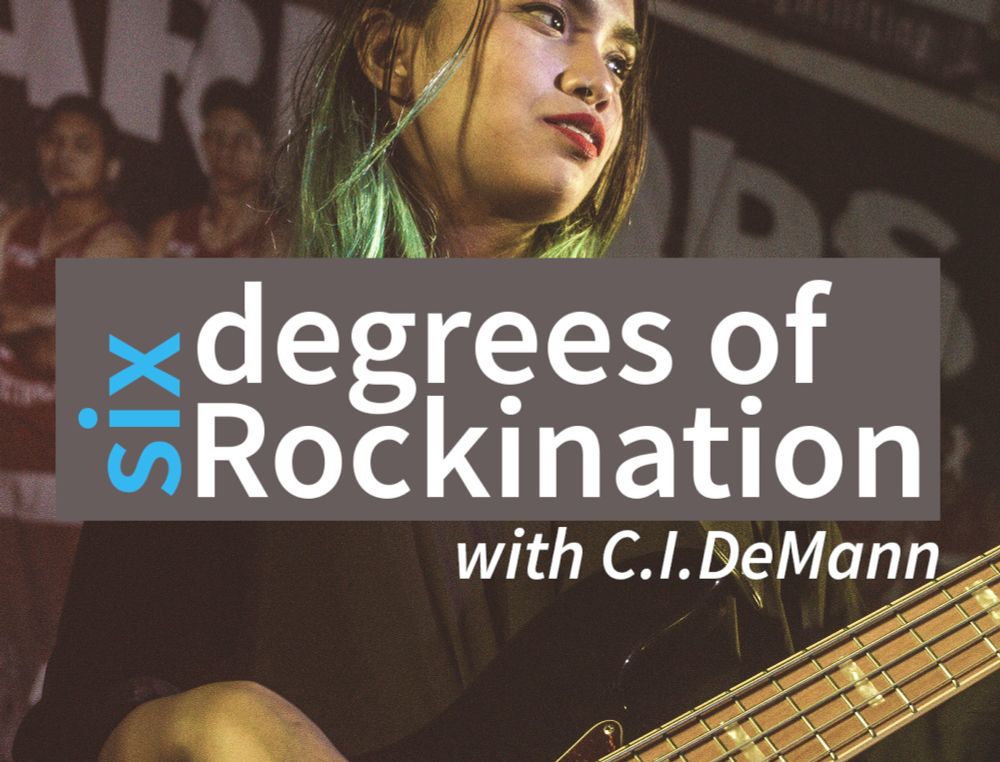 six degrees of rockination logo with female bass player in background.