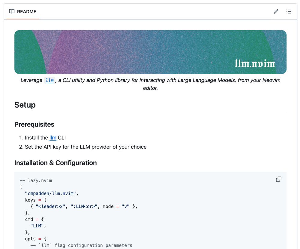 Screenshot of the https://github.com/cmpadden/llm.nvim repository README.