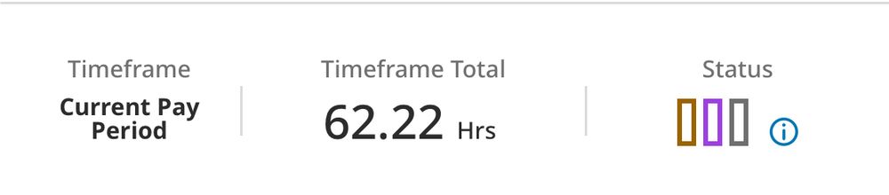 screenshot of my work app reading “current pay period: 62.22hrs”