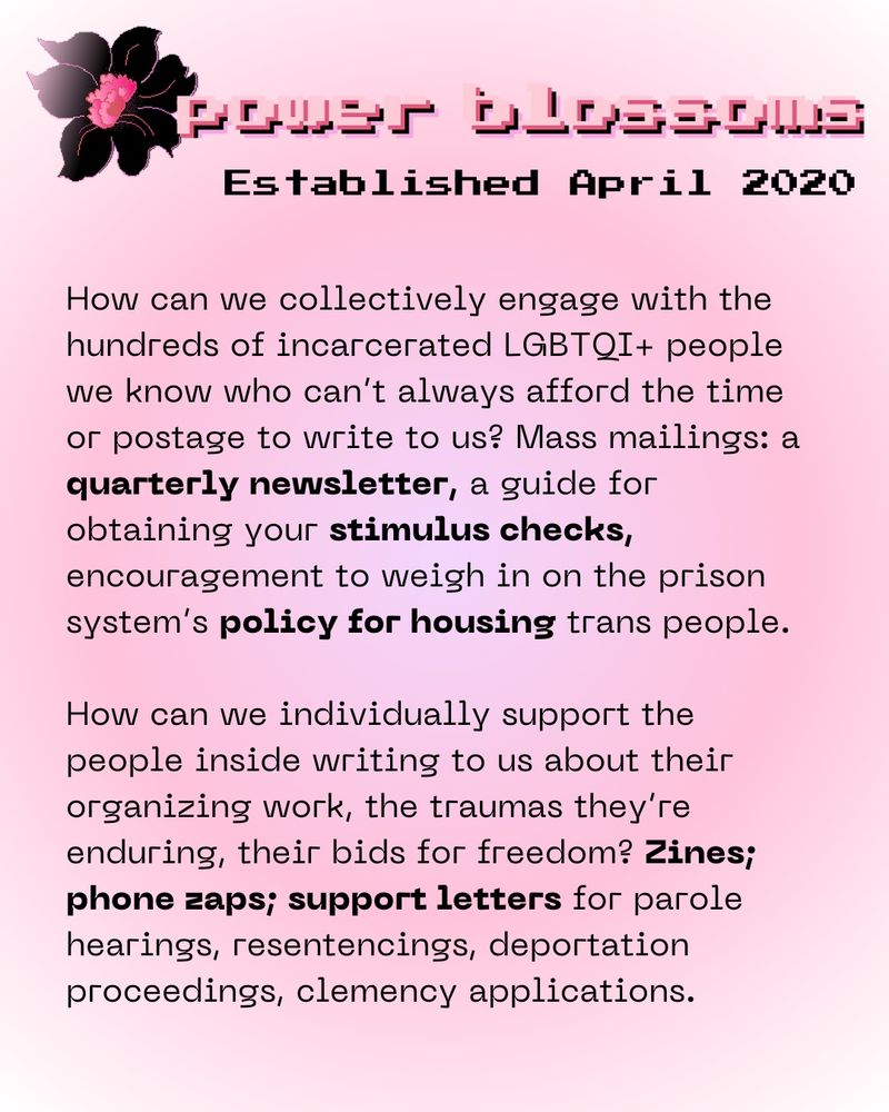 How can we collectively engage with the hundreds of incarcerated LGBTQI+ people we know who can’t always afford the time or postage to write to us? Mass mailings: a quarterly newsletter, a guide for obtaining your stimulus checks, encouragement to weigh in on the prison system’s policy for housing trans people.

How can we individually support the people inside writing to us about their organizing work, the traumas they’re enduring, their bids for freedom? Zines; phone zaps; support letters for parole hearings, resentencings, deportation proceedings, clemency applications.