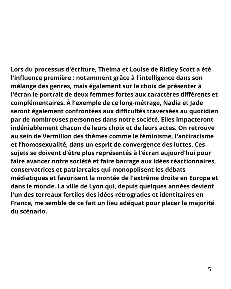 Lors du processus d'écriture, Thelma et Louise de Ridley Scott a été l'influence première : notamment grâce à l'intelligence dans son mélange des genres, mais également sur le choix de présenter à l'écran le portrait de deux femmes fortes aux caractères différents et complémentaires. À l'exemple de ce long-métrage, Nadia et Jade seront également confrontées aux difficultés traversées au quotidien par de nombreuses personnes dans notre société. Elles impacteront indéniablement chacun de leurs choix et de leurs actes. On retrouve au sein de Vermillon des thèmes comme le féminisme, l'antiracisme et l’homosexualité, dans un esprit de convergence des luttes. Ces sujets se doivent d'être plus représentés à l'écran aujourd'hui pour faire avancer notre société et faire barrage aux idées réactionnaires, conservatrices et patriarcales qui monopolisent les débats médiatiques et favorisent la montée de l'extrême droite en Europe et dans le monde. La ville de Lyon qui, depuis quelques années devient l'un des terreaux fertiles des idées rétrogrades et identitaires en France, me semble de ce fait un lieu adéquat pour placer la majorité du scénario. 