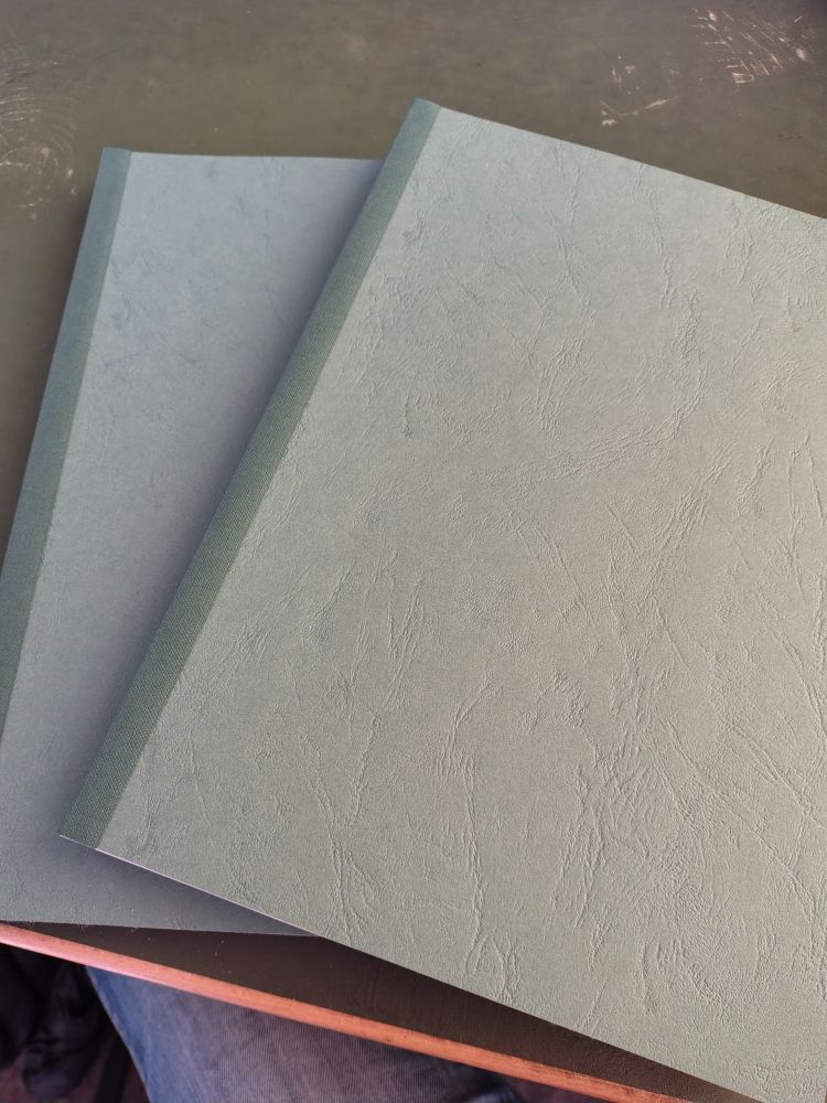 Zwei Exemplare einer Masterarbeit versetzt übereinander gelegt. Es sind gebundene Exemplare mit einem grünen Karton als Cover. 