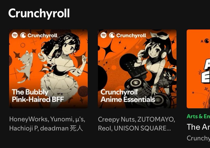 An entire row of Spotify playlists made by Crunchyroll, the anime streaming service