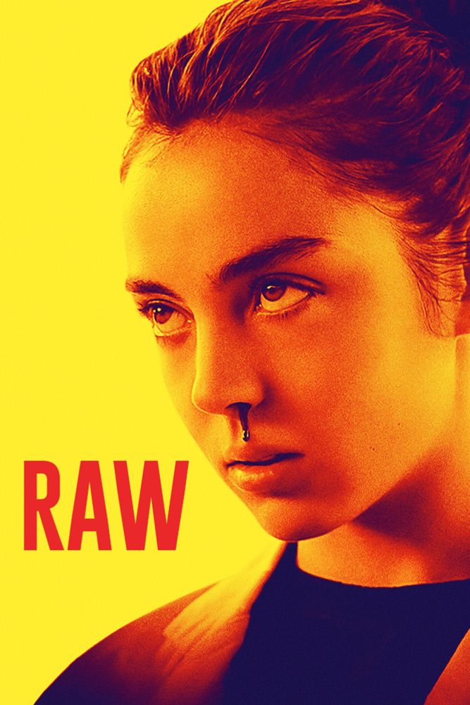 The movie poster for Raw,where a young girl is pictured to the right, looking to the left. There is a yellow-wash over the poster. 