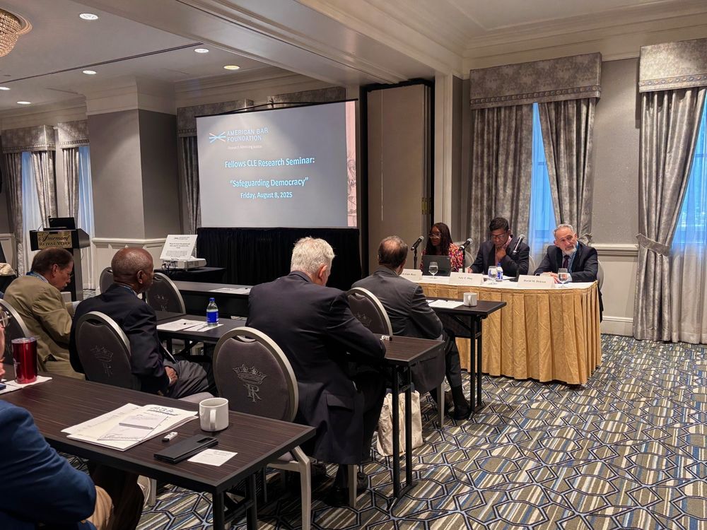 Fellows CLE Program at ABA Annual Meeting 2025, “Safeguarding Democracy, a panel moderated by Deborah Enix-Ross, Senior Advisor to the International Dispute Resolution Group of Debevoise & Plimpton and the Past President of the American Bar Association and including Aziz Z. Huq, ABF Collaborating Scholar and Frank and Bernice J. Greenberg Professor of Law at The University of Chicago Law School and David M. Driesen, University Professor at the College of Law, Syracuse University