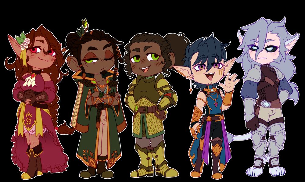 A line up of characters. From left to right a red haired elven women, two earth tones humans, a blue haired elven man, and a silver haired half-fae being.