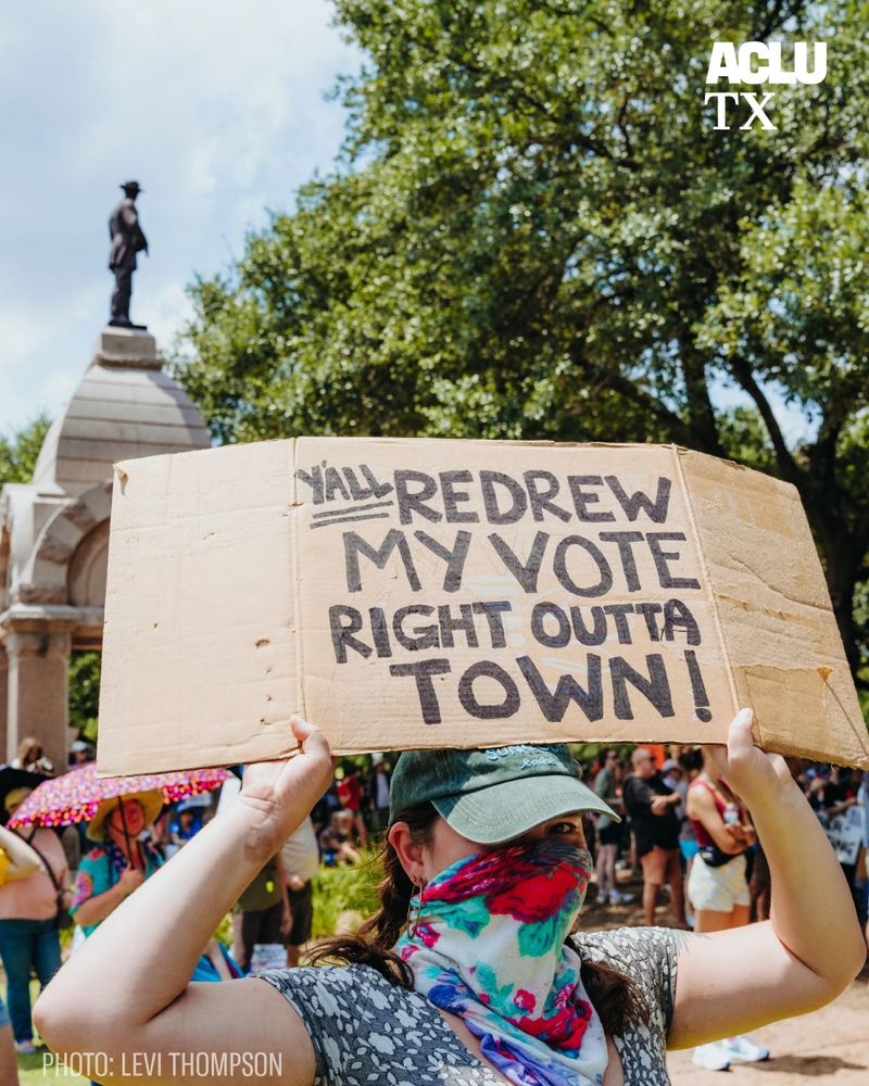 image of someone holding a protest sign that reads y'all redrew my vote right outta town! with photo credits to Levi Thompson