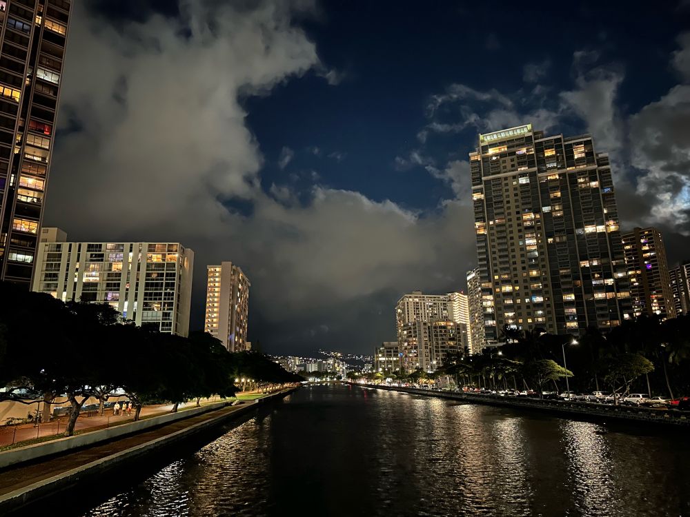Night view of the river through Honolulu