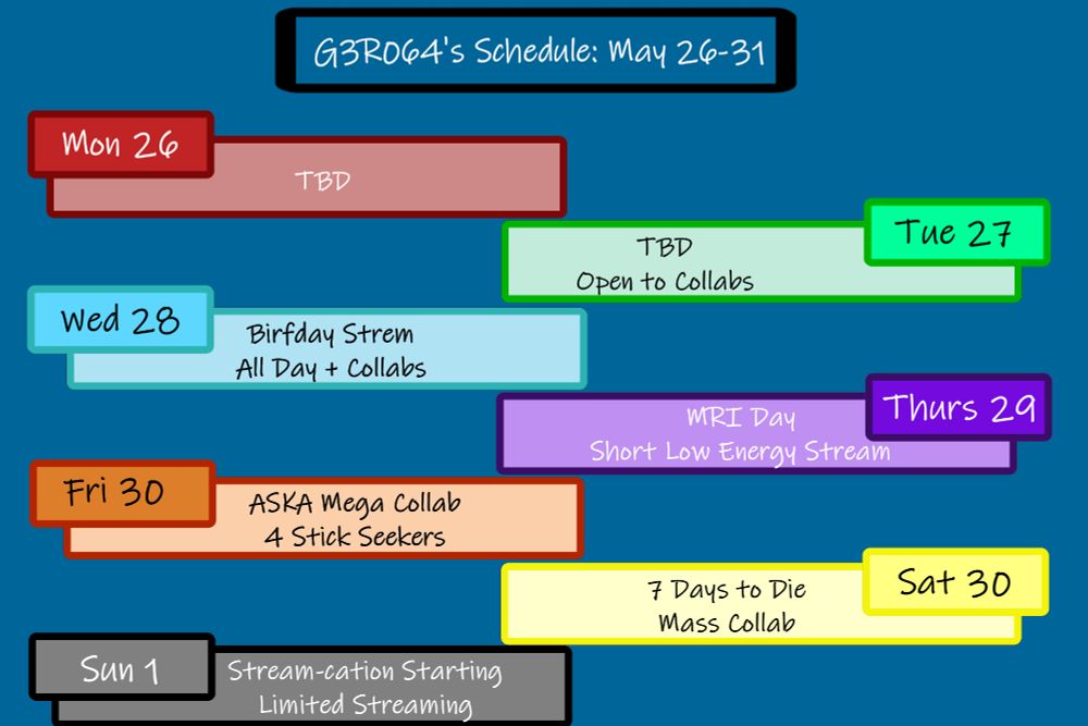 G3R064's Schedule: May 26-31. Mon 26: TBD, Tue 27: TBD Open to Collabs, Wed 28: Birfday Strem All Day + Collabs, Thurs 29: MRI Day Short Low Energy Stream, Fri 30: ASKA Mega Collab 4 Stick Seekers, Sat 30: 7 Days to Die Mass Collab, Sun 1 Stream-cation Starting Limited Streaming.