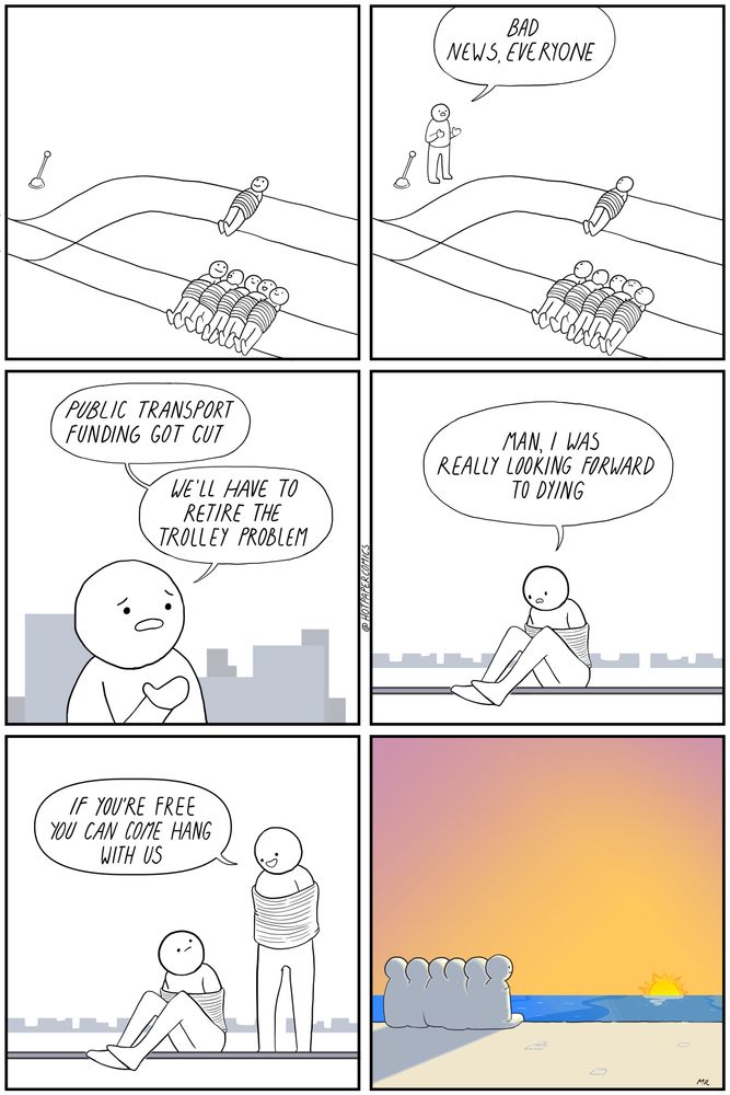 After the trolley problem get's suspended due to public transit cuts our tied down fellas get together to enjoy a sunset 