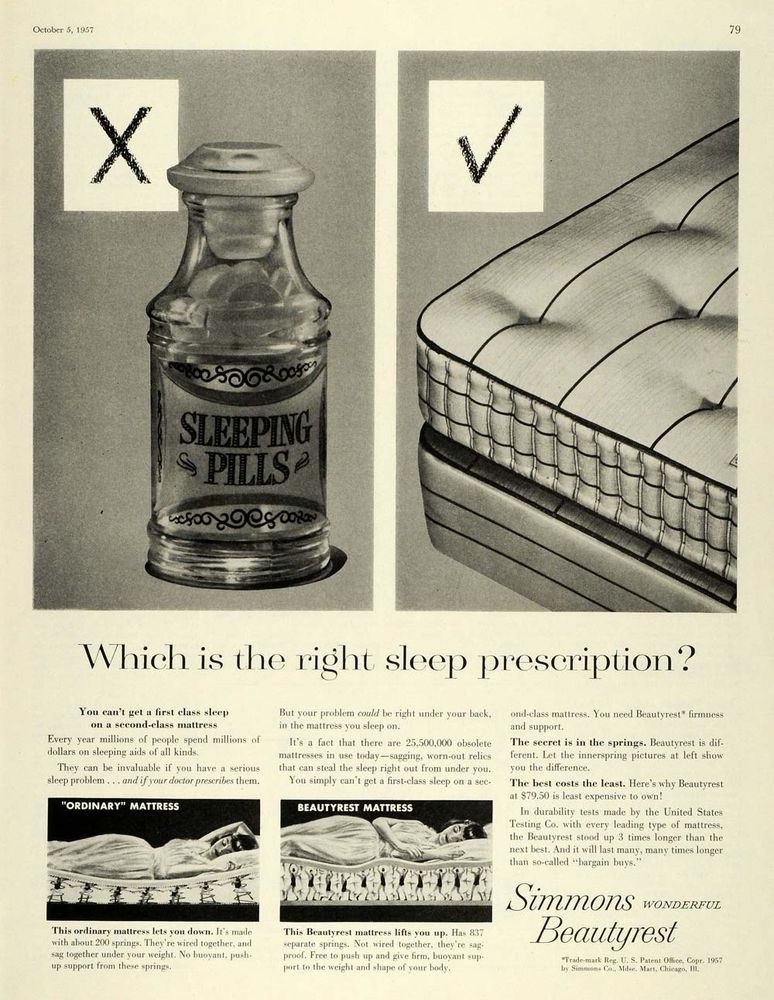 Vintage Simmons Beautyrest mattress as. Which is the right prescription? It shows a bottle of sleeping pills and a mattress. 