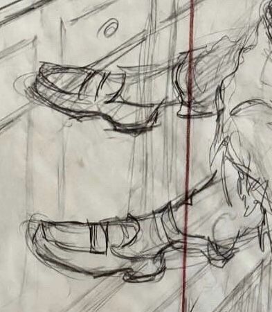 Sketch of penny loafers in about to be murdered barbershop customer.