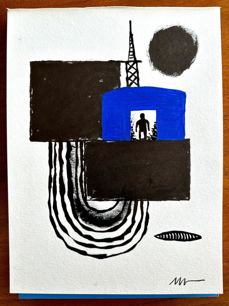 Shitty ink and acrylic drawing consisting of various shapes and lines with one abstract human figure in a doorway.