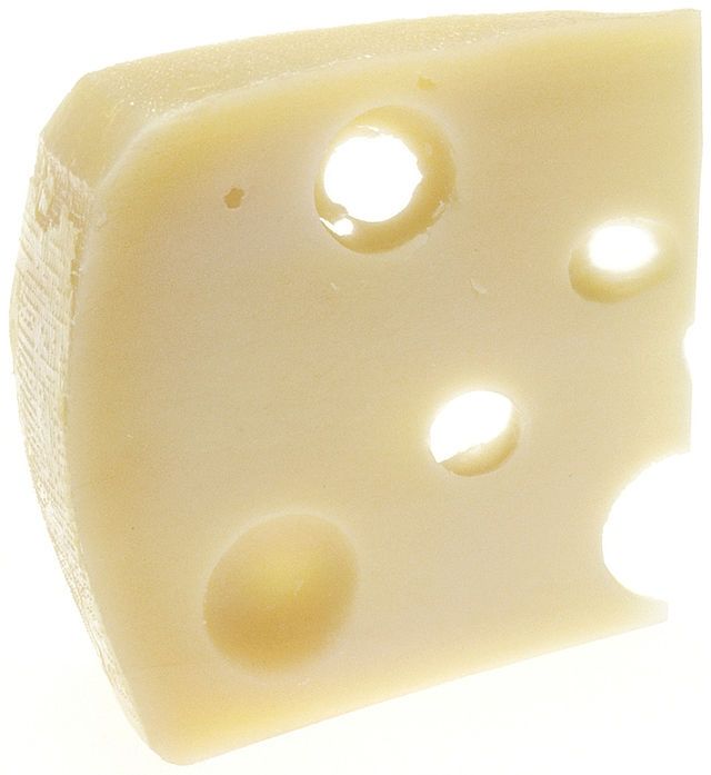 A picture of the holiest of cheeses, Swiss cheese. 