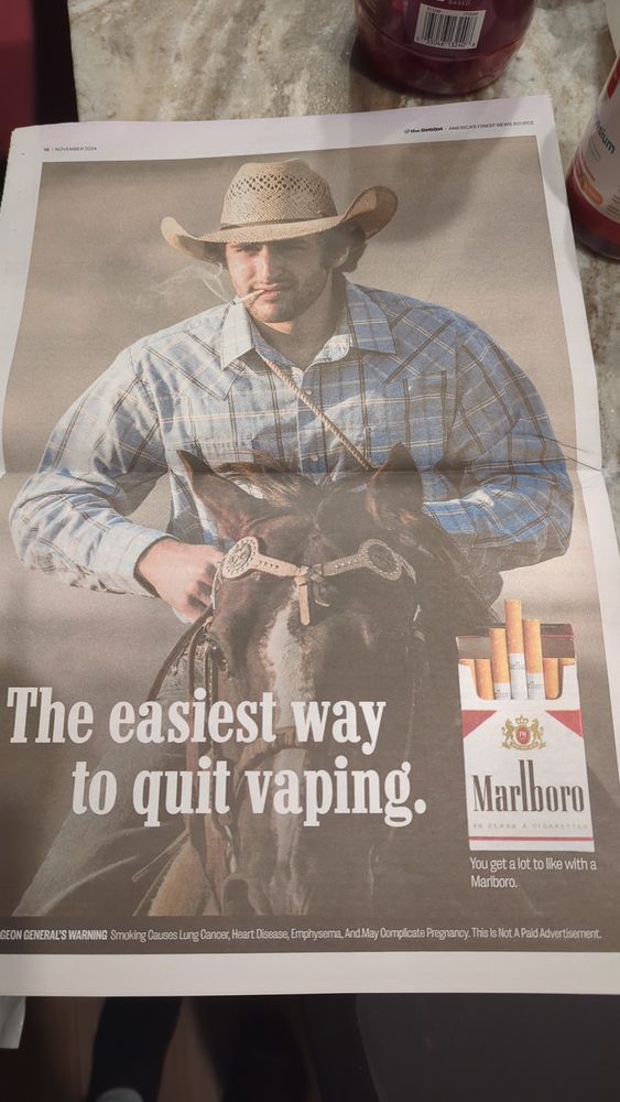 Onion paper with The easiest way to quit is vaping. It's an image of a cowboy with marlboro cigs