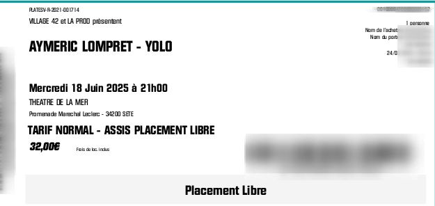 Capture écran du ticket pour le spectacle YOLO, de Aymeric LOMPRET au théâtre de la Mer à Sète le 18 Juin 2025.