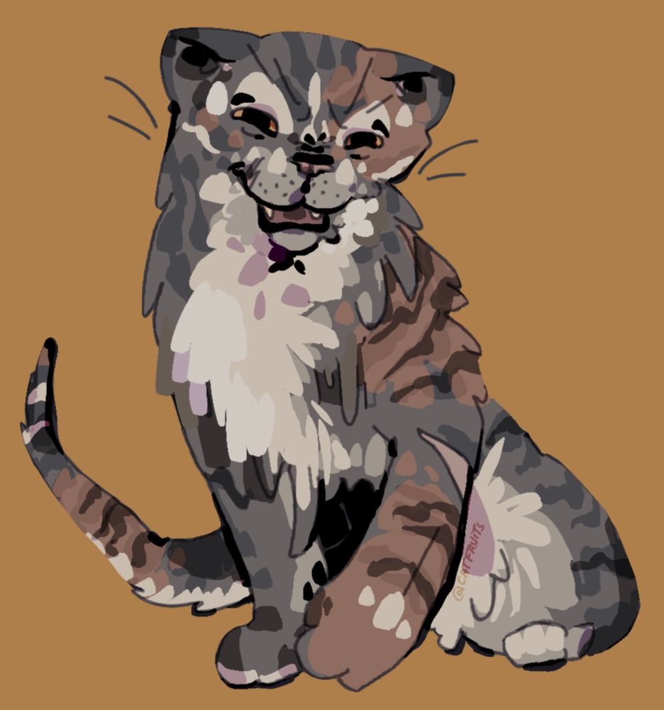 A stylised illustration of a pale tortoiseshell cat, with bold lineart and shadows.