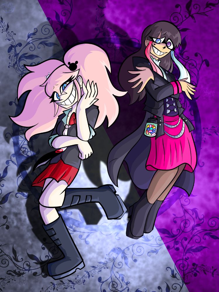 Art of Junko Enoshima from Danganronpa and Beroba from Kamen Rider Geats over a white and purple background with flowery detail, there is a light source pointed at them from the lower right corner of the screen resulting in a shadow being cast behind them. They are smiling and devious