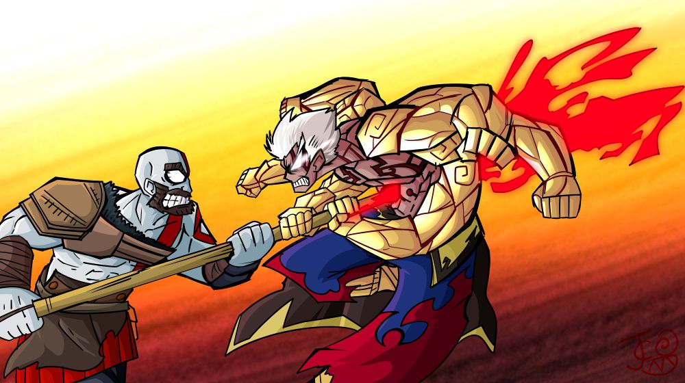 Kratos from the God of War Series fighting Asura from the Capcom Video Game Asura's Wrath fighting. Kratos is using the Draupnir Spear to impale Asura. In turn Asura is grasping the spear and pulling it further into himself while preparing to punch Kratos with his four other arms. This is fanart for an at the time upcoming episode of the webseries Death Battle