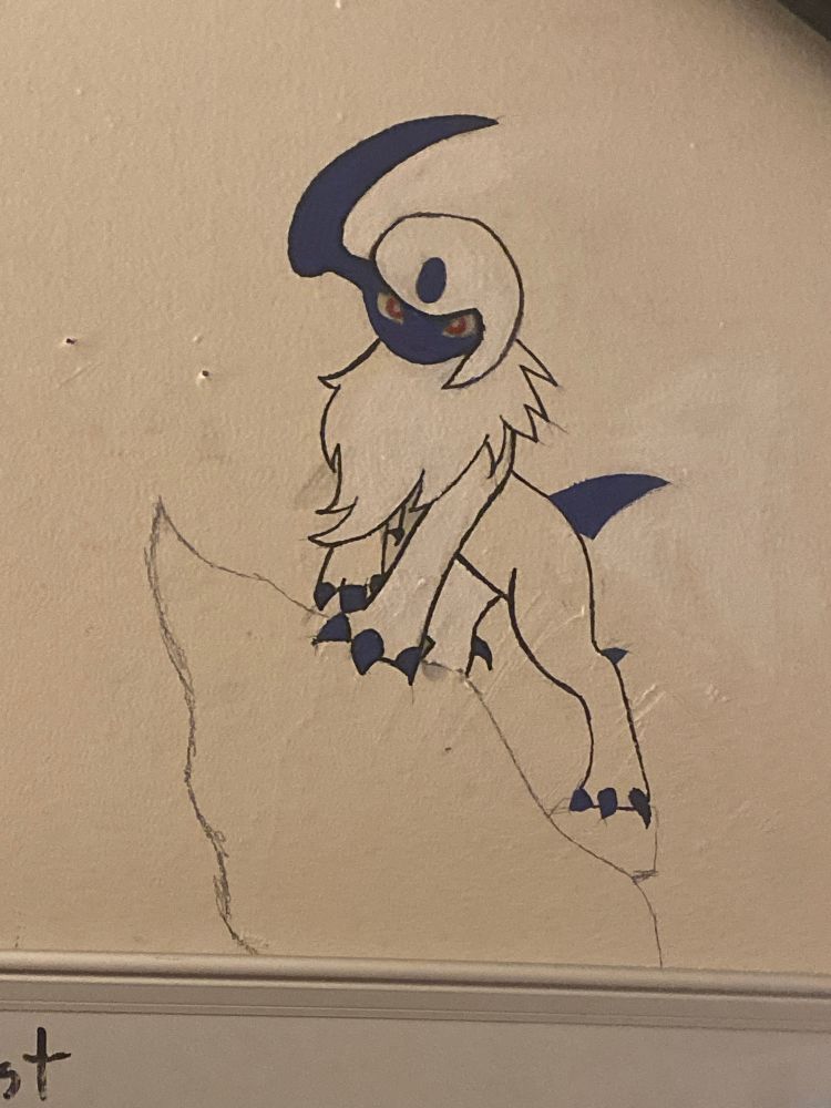 a painting of pokémon #359, Absol, with an unfinished mountain it’s standing on 