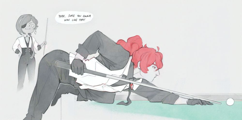 Diluc is bent on a billiard table, positioning himself to hit the cue ball, and Kaeya is just behind looking at his peaches and saying "Yeah. Sure you gonna win like this."