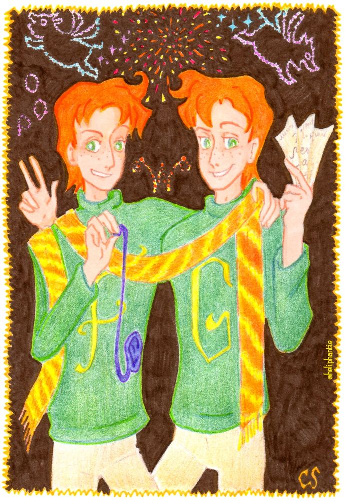 Illustration depicting Fred and George Weasley, distinguished by the letters on their sweaters. Fred is holding Extendable Ear, while George is holding folded Marauder’s Map. In background above them, fireworks in form of flying piglets can be seen.