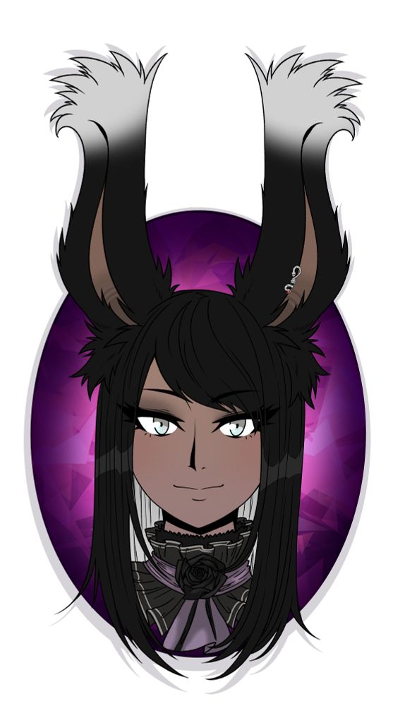 A doodle featuring one of my FFXIV character alts Emeri Vallar a female Viera with black and white hair and pale blue eyes with a purple gem in the background.