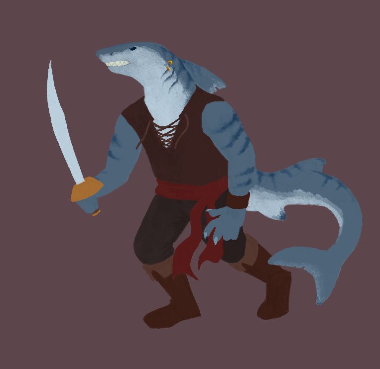 A digital painting of an anthro pirate shark.