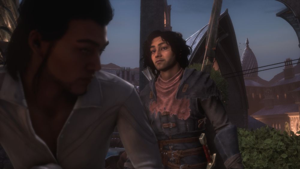 Rogue Rook with tattered gear stares blankly into middle-distance while an NPC tells him something important.