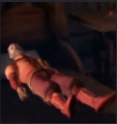 A poor resolution reaction image of Arl Eamon sick in his bed from Dragon Age: Origins. 