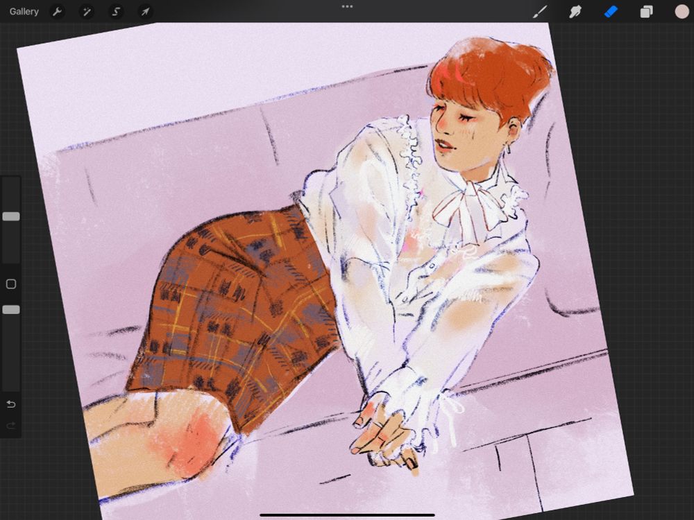 digital sketch of hongjoong sprawled on a sofa in an orange tartan skirt and sheer white lacy shirt