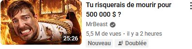 Vignette de la dernière vidéo de MrBeast intitulée (Tu risquerais de mourir pour 500 000$ ?".
Le YouTuber est poings et pieds liés dans une maison enflammée et tire une tête à la con.