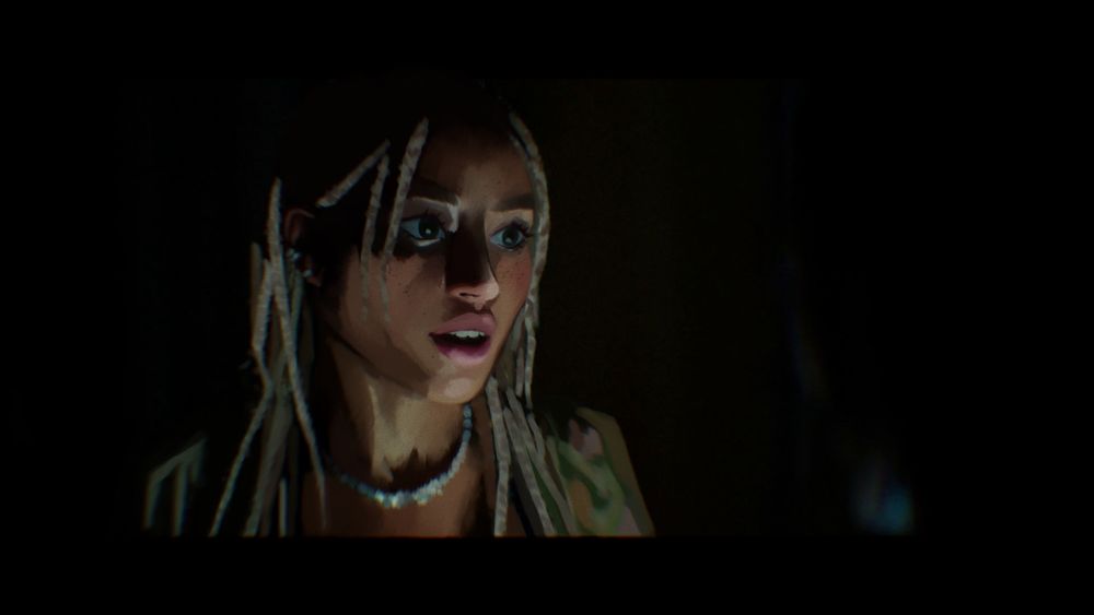 Releitura em pintura digital de uma cena do filme bodiesbodiesbodies onde a personagem principal está no meio de uma conversa com uma terceira pessoa