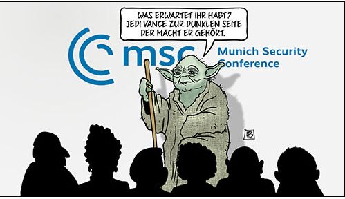 Meister Yoda aus Star Wars spricht auf der Münchner Sicherheitskonferenz und sagt: „Was erwartet ihr habt? Jedi Vance zur dunklen Seite der Macht er gehört.“