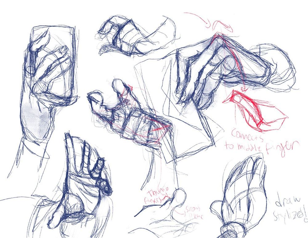 Rough sketch of hand poses. Clockwise from top left : holding phone, pointing towards the viewer, holding envelope, stylized cartoon hand, open gesture toward the viewer, outstretched open palm toward the viewer. Center : beckoning to the viewer